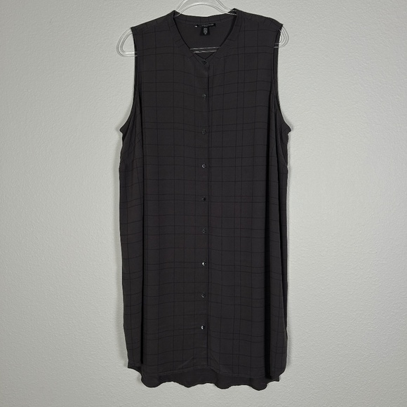 Eileen Fisher plus size 1X tunic top sleeveless mandarin collar gray plaid tence - Picture 1 of 10